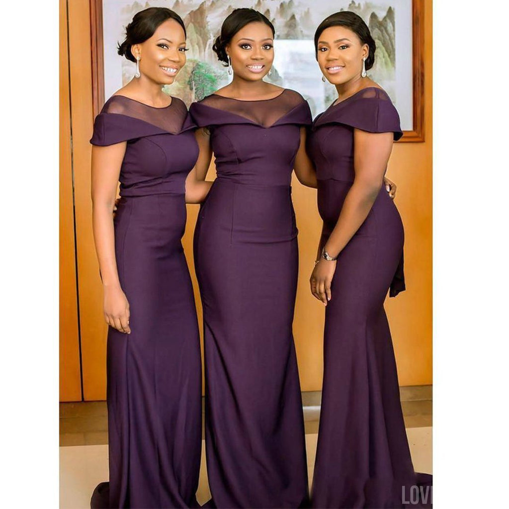 Purple Off the Shoulder Illusion V-neck Cheap Long Bridesmaid Dressing Gowns, WG890
