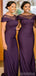 Purple Off the Shoulder Illusion V-neck Cheap Long Bridesmaid Dressing Gowns, WG890