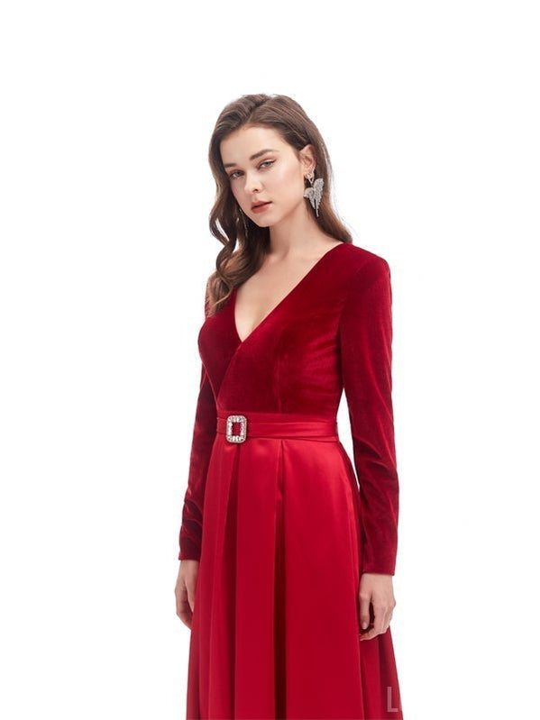 Red A-line Long Sleeves High Slit V-neck Cheap Prom Dresses Online,12580
