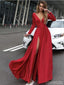 Red A-line Long Sleeves V-neck High Slit Cheap Long Prom Dresses Online,12602
