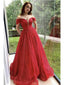 Red A-line Off Shoulder V-neck Cheap Long Prom Dresses Online,12506