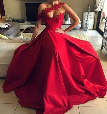 Red A-line One Shoulder Sleeveless Cheap Long Prom Dresses Online,12534