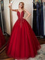 Red A-line Spaghetti Straps V-neck Long Prom Dresses Online, Dance Dresses,12381