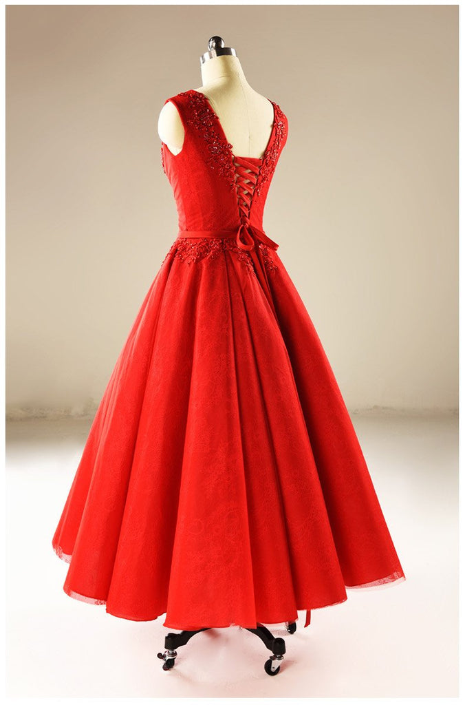 Red A line Tulle Wedding Dresses,  2017 Corset back Tea Length Custom Wedding Gowns, Affordable Bridal Dresses, 18002