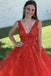 Red A-line V-neck Cheap Long Prom Dresses, Evening Party Dresses,12694