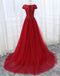 Red Lace Cap Sleeve V Neckline Sexy See Through Long Evening Prom Dresses, Popular Cheap Long Custom Party Prom Dresses, 17335