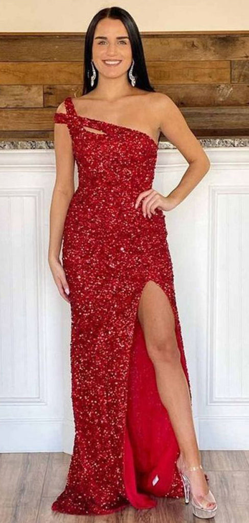 Red Mermaid One Shoulder High Slit Cheap Long Prom Dresses Online,12764