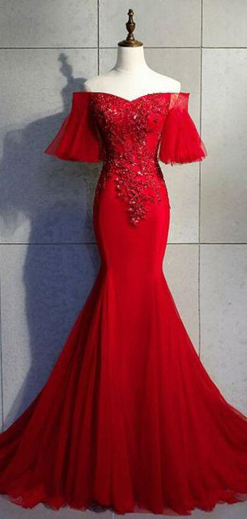 Red Mermaid Short Sleeves Cheap Long Prom Dresses,Evening Party Dresses,12750