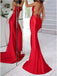 Red Mermaid Spaghetti Straps V-neck Backless Long Prom Dresses Online,12437