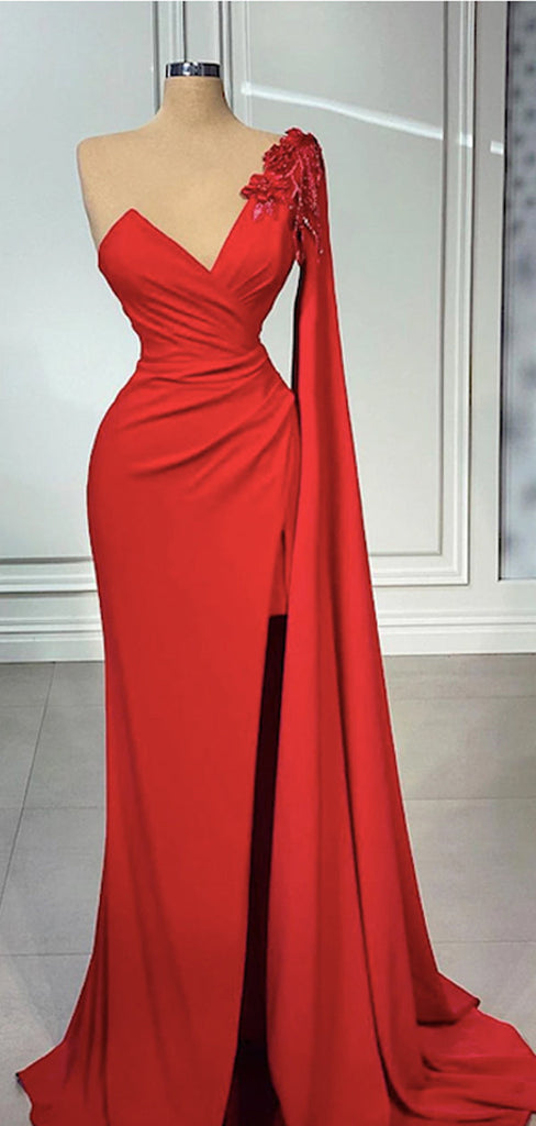 Red Sheath One Shoulder High Slit Cheap Long Prom Dresses Online,12804