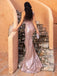 Rose Gold Mermaid One Shoulder High Slit Cheap Long Prom Dresses,12887
