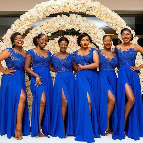 Royal Blue Cap Sleevess Side Slit Floor Length Cheap Bridesmaid Dresses Online, WG528