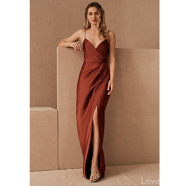 Rust Mermaid Spaghetti Straps High Slit Long Bridesmaid Dresses Online,WG1063