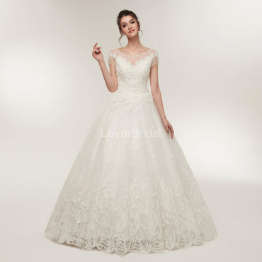 Scoop Cap Sleeves Lace A-line Cheap Wedding Dresses Online, Unique Bridal Dresses, WD570
