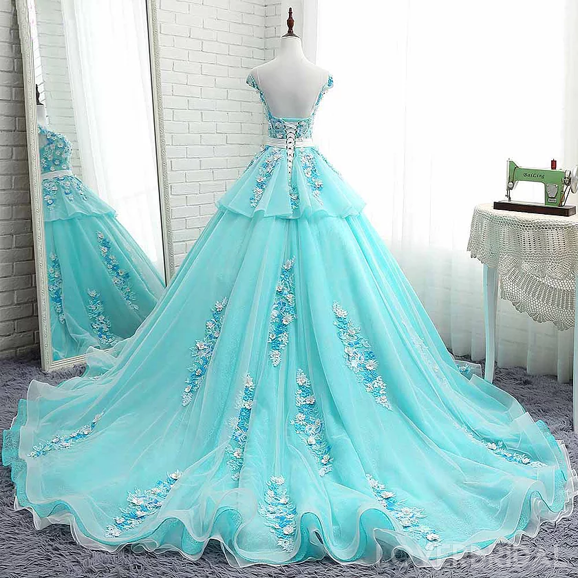 Scoop Cap Sleeves Tiffany Blue Lace Long Evening Prom Dresses