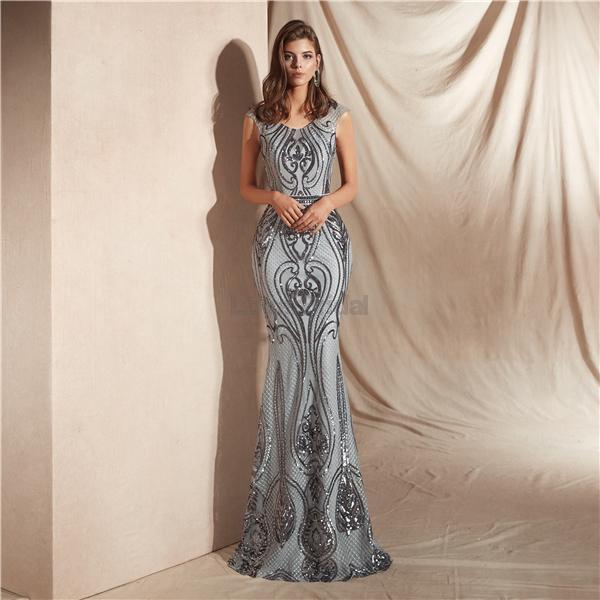 Scoop Grey Sparkly Sequin Mermaid Evening Prom Dresses, Evening Party Prom Dresses, 12063