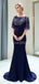 Scoop Navy Beaded 1/2 Long Sleeves Mermaid Evening Prom Dresses, Evening Party Prom Dresses, 12029
