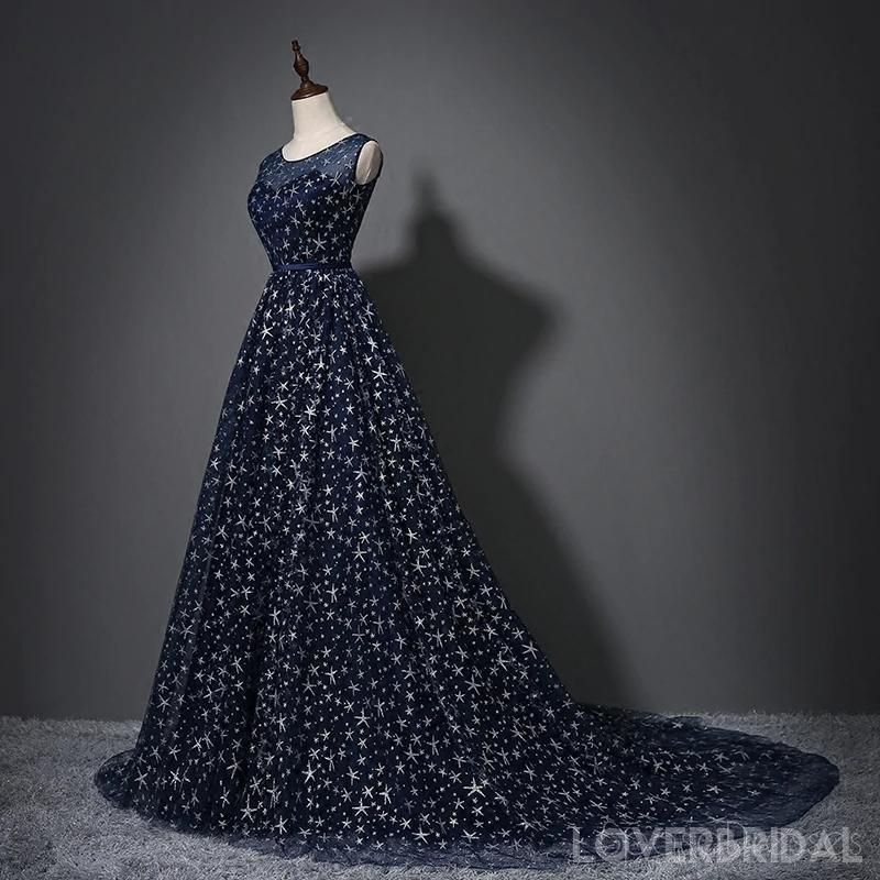 Scoop Navy Star Sequin Cheap Long Evening Prom Dresses, Cheap Custom Sweet 16 Dresses, 18536