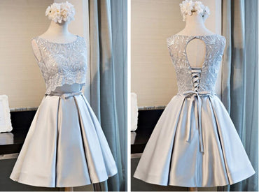 Scoop Neckline Peach Lace Cute Homecoming Prom Dresses, Affordable Short Party Prom Dresses, Perfect Homecoming Dresses, CM311