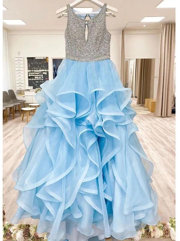 Scoop Ruffles Heavily Beaded A-line Long Evening Prom Dresses, Evening Party Prom Dresses, 12342