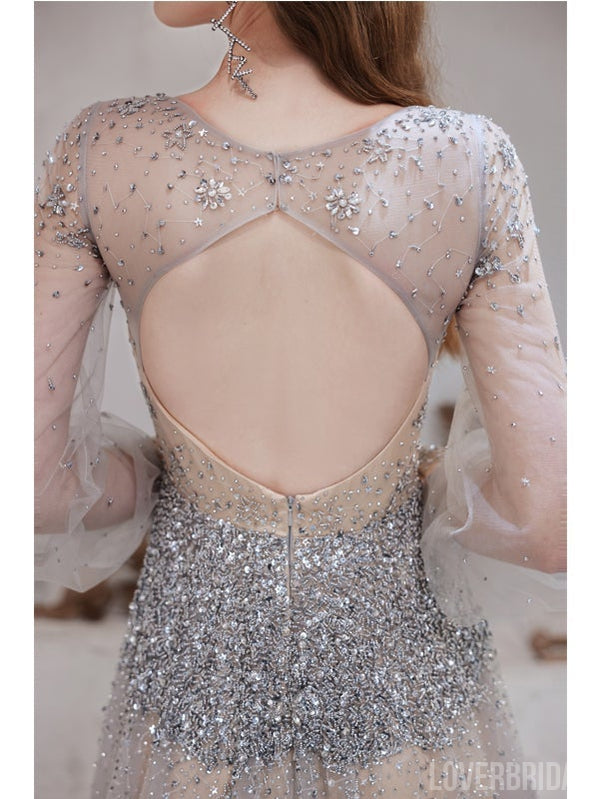 See Through A-line Long Sleeves V-neck Backless Prom Dresses Online,12570