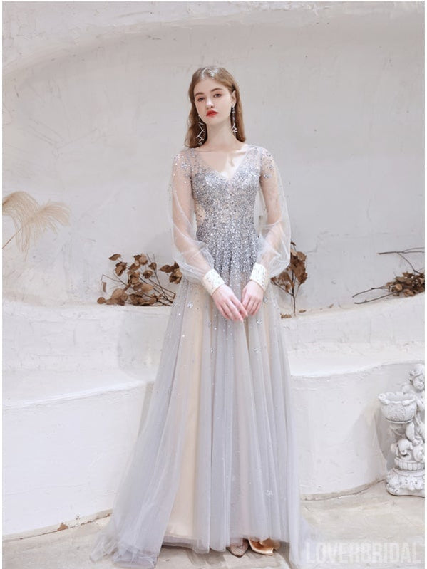 See Through A-line Long Sleeves V-neck Backless Prom Dresses Online,12570