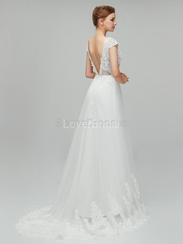 See Through Backless Cap Sleeves Cheap Wedding Dresses Online, Unique Bridal Dresses, WD562