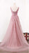 See Through Blush Pink Lace A line Long Evening Prom Dresses, Popular Cheap Long 2022 Party Prom Dresses, 17282