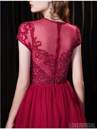 See Through Burgundy A-line Short Sleeves Long Prom Dresses Online,12576