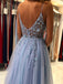 See Through Dusty Blue A-line Spaghetti Straps High Slit Long Prom Dresses,12749