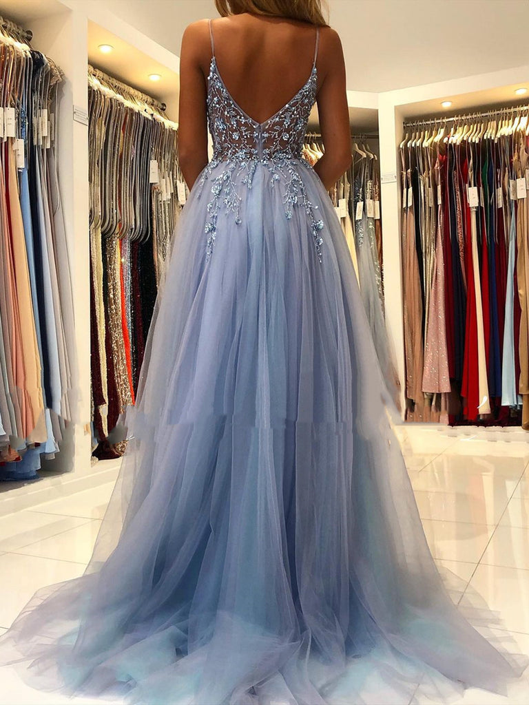 See Through Dusty Blue A-line Spaghetti Straps High Slit Long Prom Dresses,12749