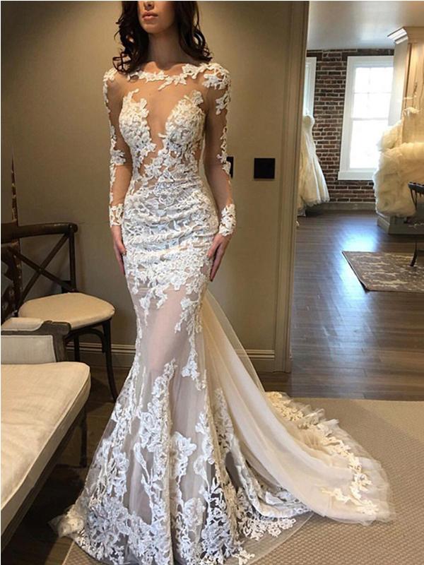 See Through Mermaid Long Sleeves Illusion Lace Wedding Dresses,WD766
