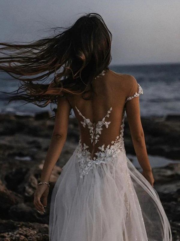 See Through Off Shoulder Long A-line Lace Wedding Dresses Online,WD740