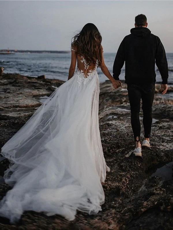 See Through Off Shoulder Long A-line Lace Wedding Dresses Online,WD740