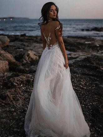 See Through Off Shoulder Long A-line Lace Wedding Dresses Online,WD740