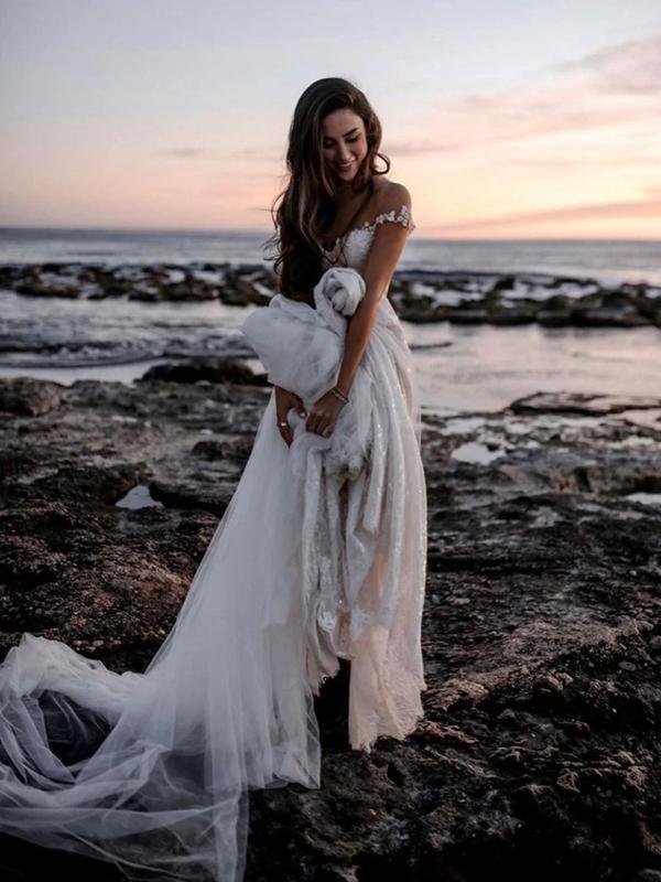 See Through Off Shoulder Long A-line Lace Wedding Dresses Online,WD740