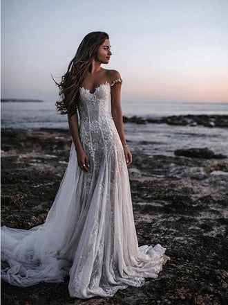 See Through Off Shoulder Long A-line Lace Wedding Dresses Online,WD740
