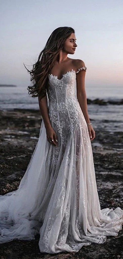See Through Off Shoulder Long A-line Lace Wedding Dresses Online,WD740