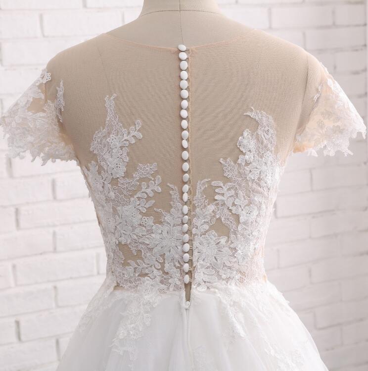 See Through Short Sleeve A Line Lace Wedding Bridal Dresses, Custom Made Wedding Dresses, Affordable Wedding Bridal Gowns, WD241