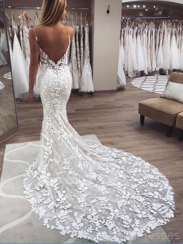 See Through Spaghetti Straps Lace Mermaid Cheap Wedding Dresses Online LoverBridal See Through Spaghetti Straps Lace Mermaid Cheap Wedding Dresses Online LoverBridal