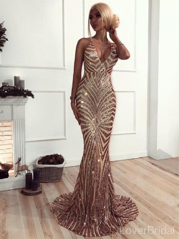Sequin Mermaid Rose Gold Lace Long Evening Prom Dresses, Sparkly Party Prom Dresses, 18611
