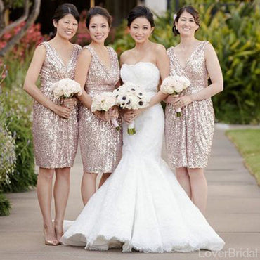 Sequin Off Shoulder V-Neck Shinning Knee-Length Cheap Custom Make High Quality Bridesmaid Dresses, WG124