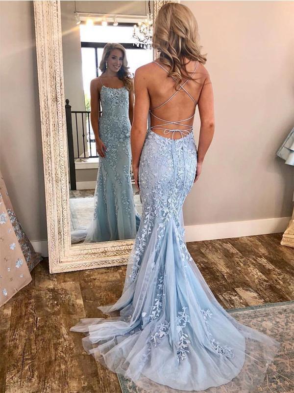 sweet 16 mermaid dresses Leely Women Light Blue Sparkly Beaded Mermaid Long Prom Dress Spaghetti Straps Tulle Sweet 16 Formal Dress