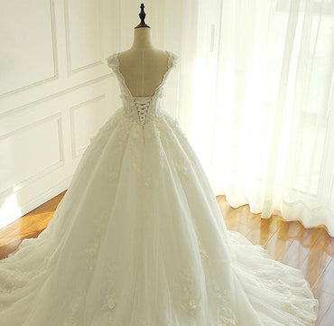 Sexy Backless Cap Sleeve Lace Beaded Deep V Neckline A line Wedding Bridal Dresses, Affordable Custom Made Wedding Bridal Dresses, WD262