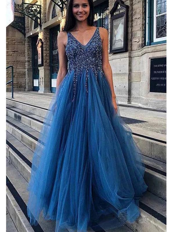 Sexy Backless Grey Blue A-line Long Evening Prom Dresses, Evening Party Prom Dresses, 12299