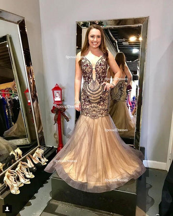 Sexy Backless Lace Mermaid Heavily Beaded Deep V Neckline Long Evening Prom Dresses, Popular Cheap Long Party Prom Dresses, 17275