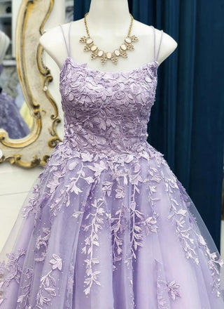 Sexy Backless Lilac Lace Beaded A-line Long Evening Prom Dresses, Evening Party Prom Dresses, 12301