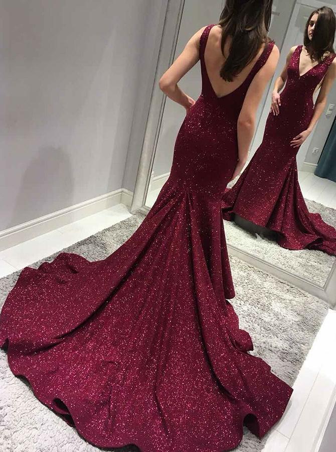 Sexy Backless Maroon Sequin Mermaid Side Slit Long Evening Prom Dresses, Sparkly Sweet 16 Dresses, 18341