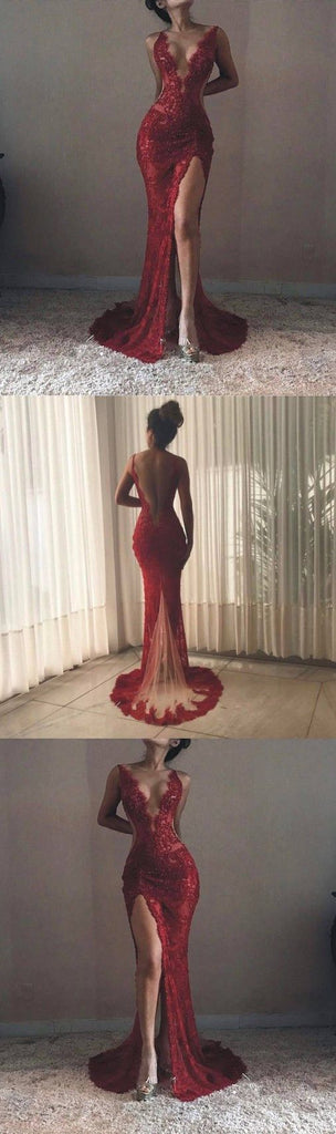 Sexy Backless Red Lace Side Slit Deep V Neckline Mermaid Long Evening Prom Dresses, 17531