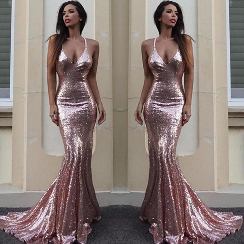 Sexy Backless Rose Gold Sequin Mermaid Evening Prom Dresses, Popular 2022 Party Prom Dresses, Custom Long Prom Dresses, Cheap Formal Prom Dresses, 17210